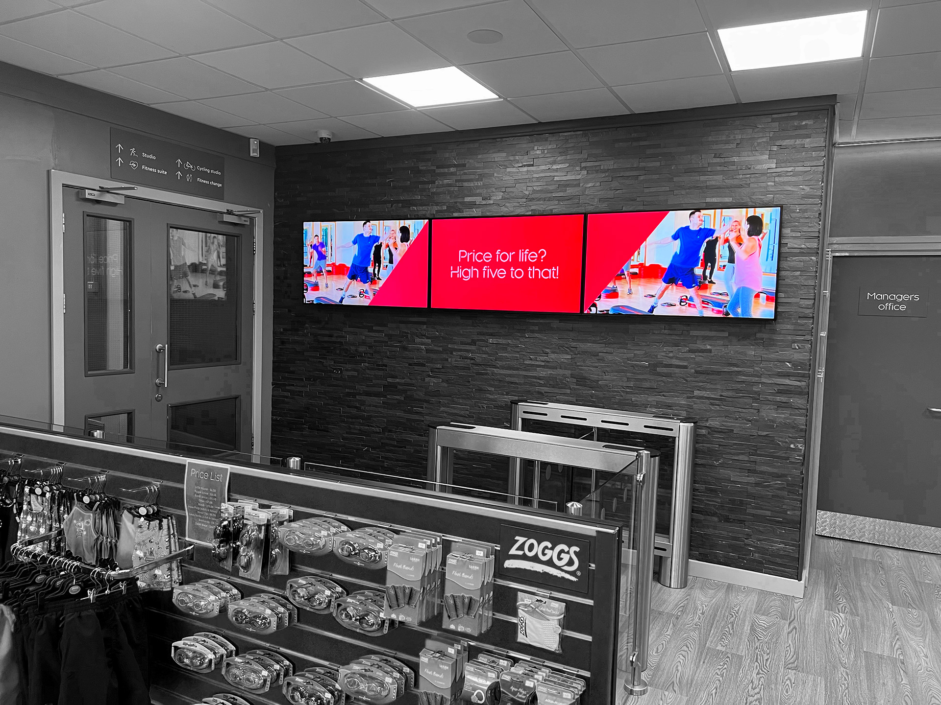 embed signage digital signage software - barnsley premier leisure BPL - 3x1 video wall gym fitness leisure digital signage