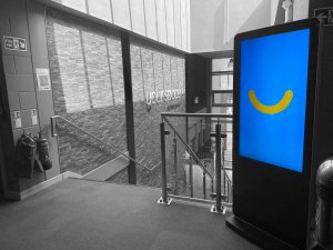 embed signage digital signage software - barnsley premier leisure BPL - totem display top of stair gym fitness leisure digital signage