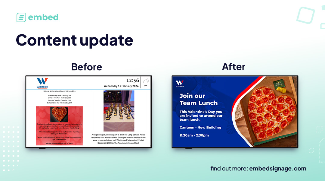 embed signage - digital signage software - good digital signage content design - writech before vs after content update